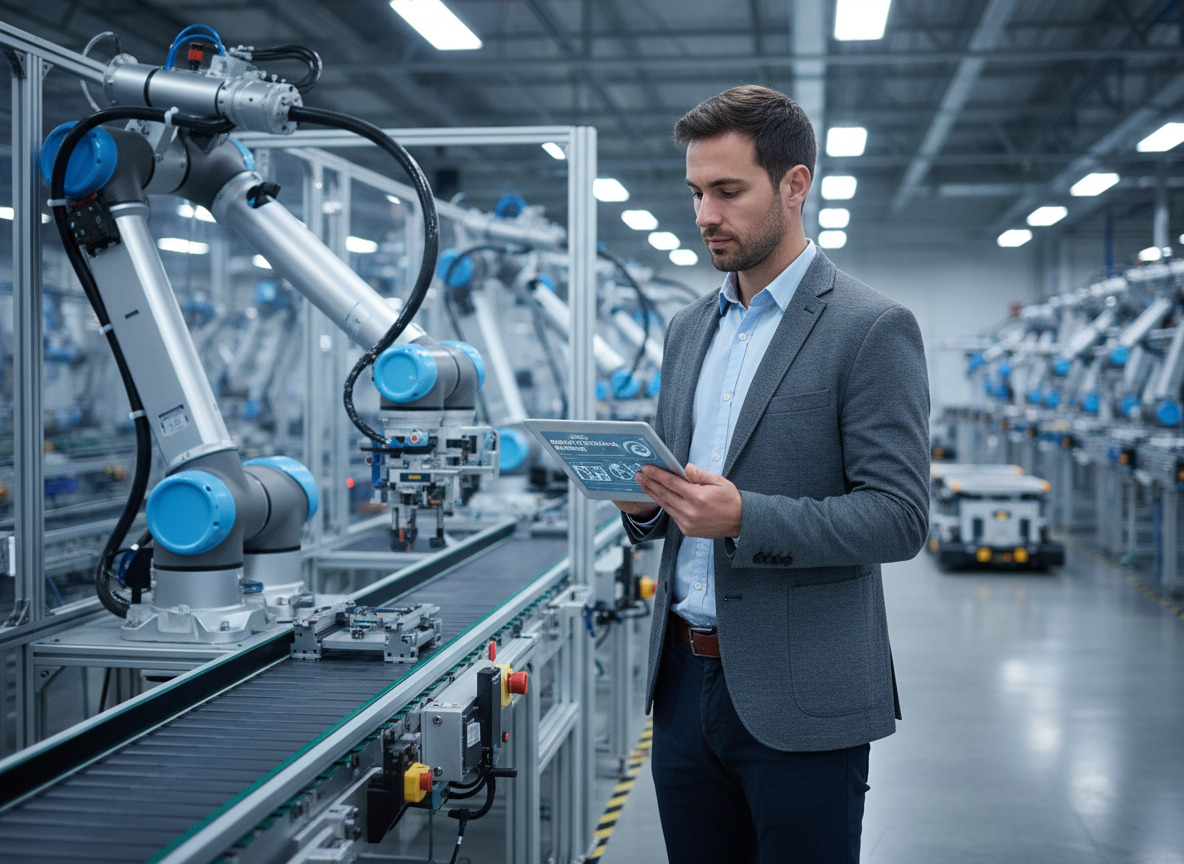 Ingenieur en usine contrôlant un bras robotique avec tablette