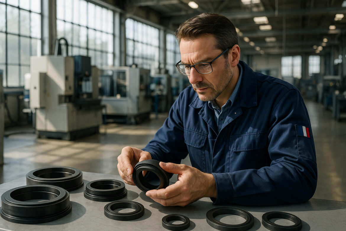 Ingénieur dans une usine française inspectant des pièces en caoutchouc