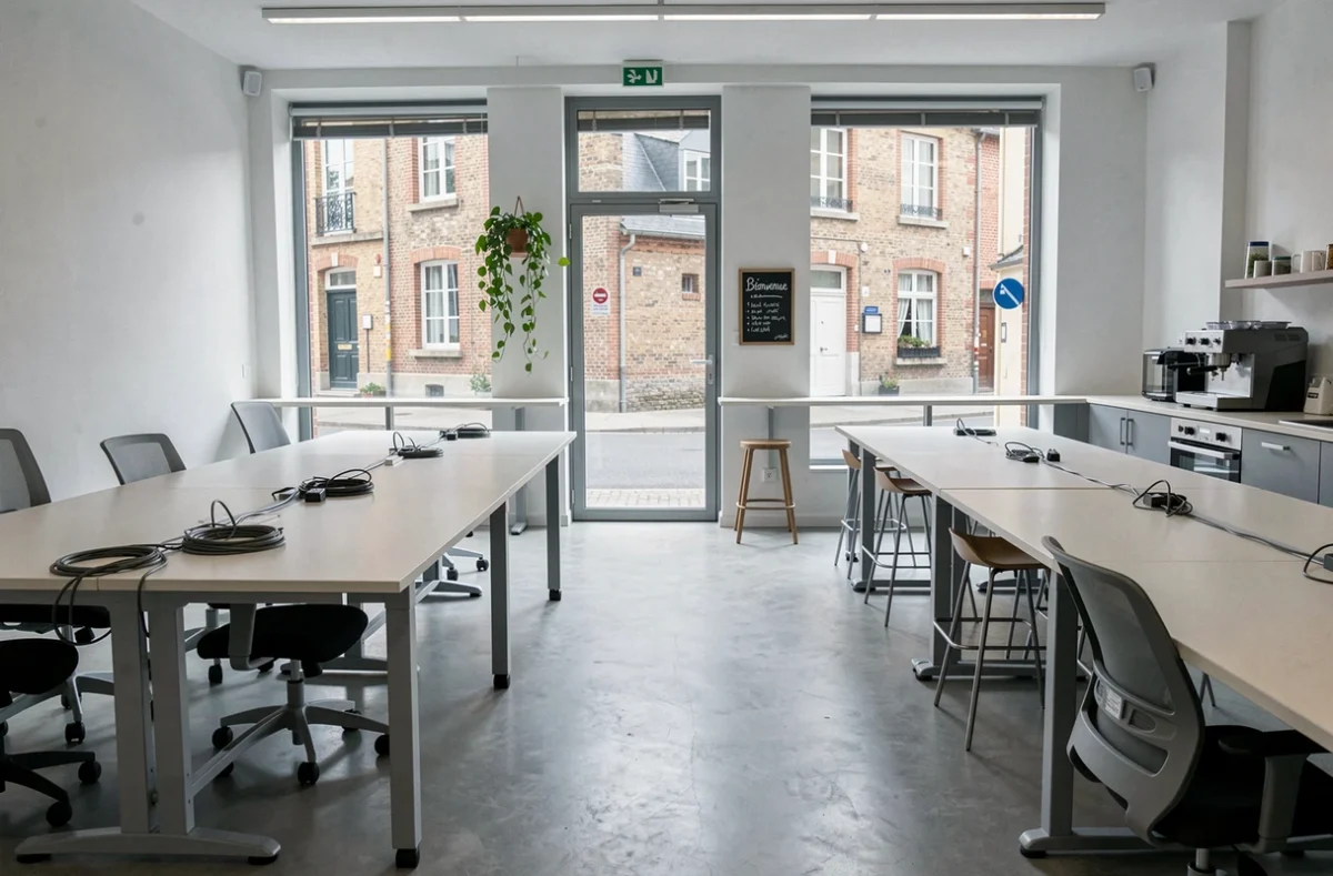 Vue intérieure d'un espace de coworking vide à Douai avec des postes de travail ergonomiques et une fenêtre sur la rue