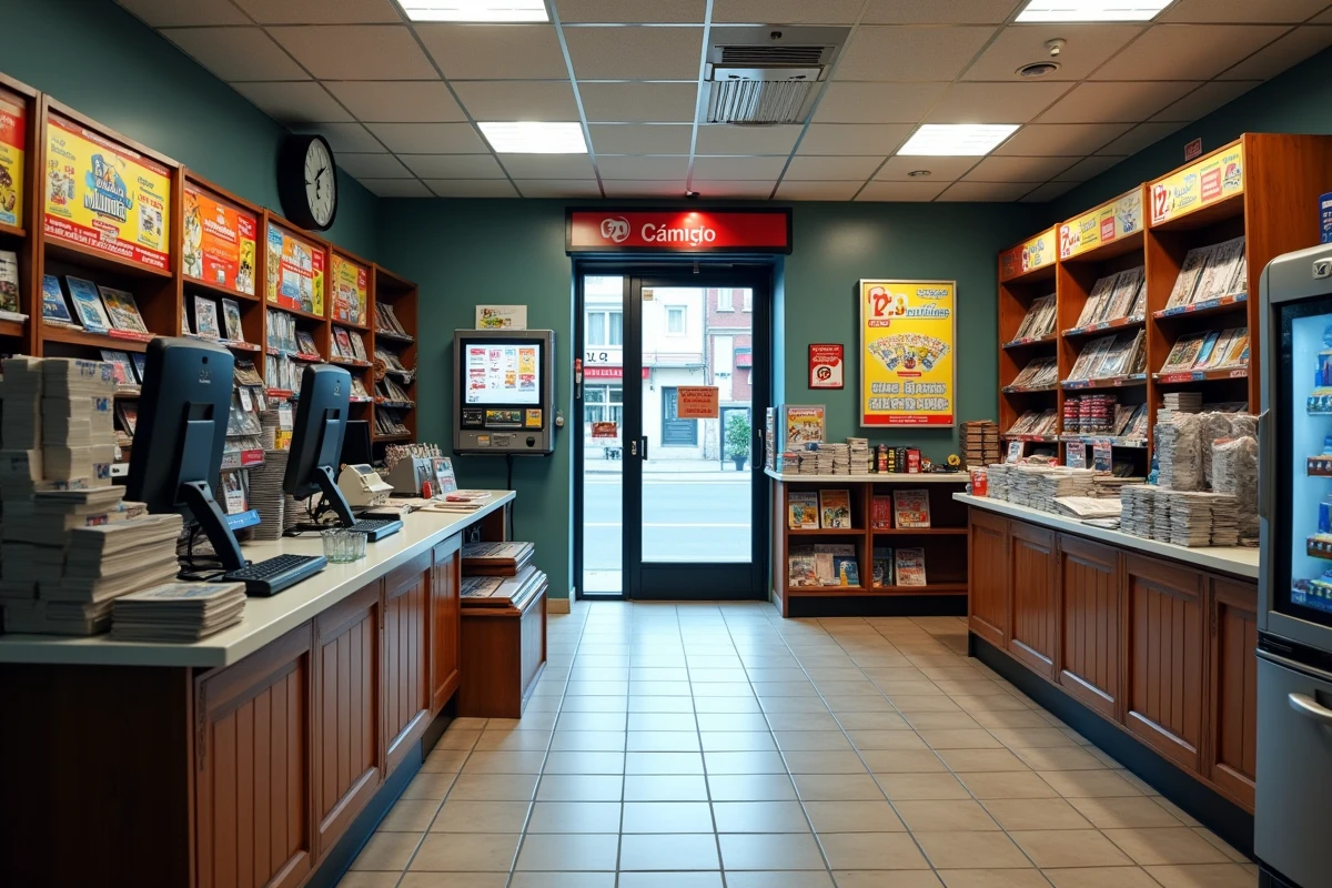 Vue intérieure d'un point de vente FDJ équipé d'un poste Professionjeux et de distributeurs de tickets