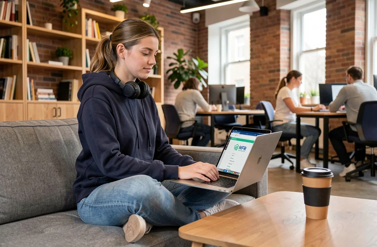Jeune femme utilisant l'intranet MFR dans un espace de coworking moderne avec ordinateur portable