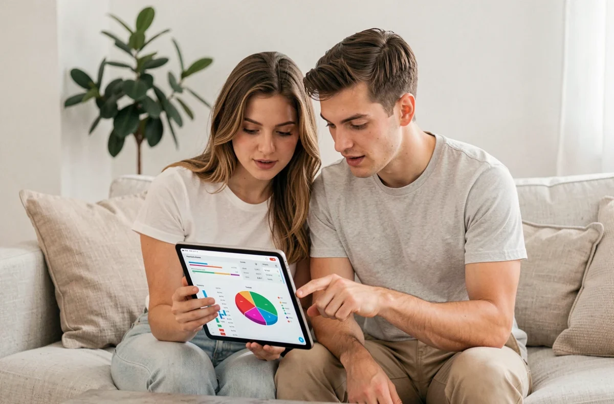 Jeune couple consultant leurs supports d'épargne ESALIA sur tablette dans leur salon
