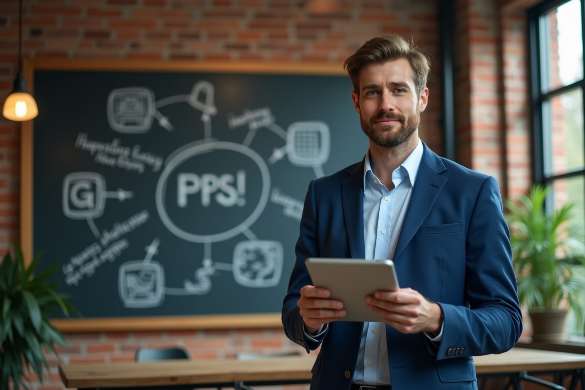 Jeune entrepreneur devant tableau des 5 P du marketing