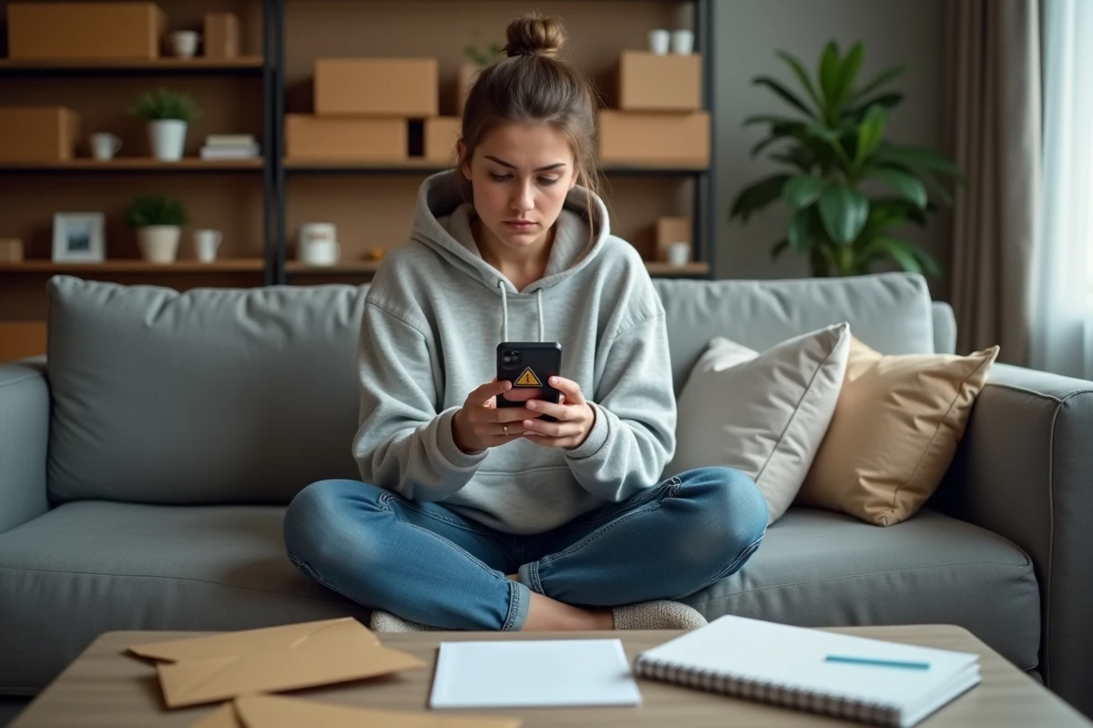 Jeune femme alerte sur son canapé découvrant une arnaque à l'emballage à domicile sur son smartphone