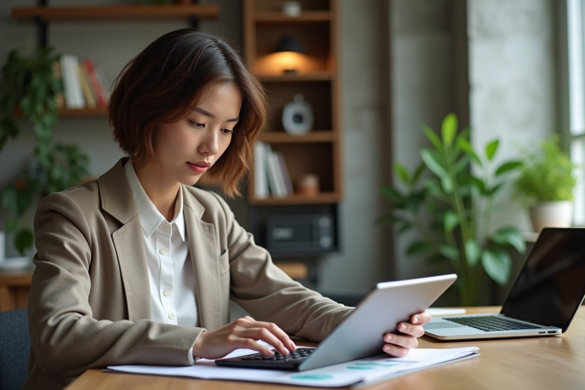 Jeune femme utilise une calculatrice dans un espace de coworking