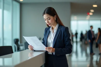 Jeune femme en costume vérifiant une checklist à l'accueil