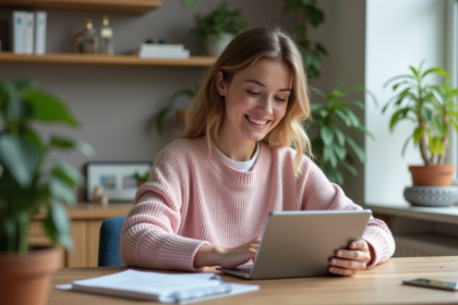 Jeune femme créant un flyer sur tablette dans un espace cosy