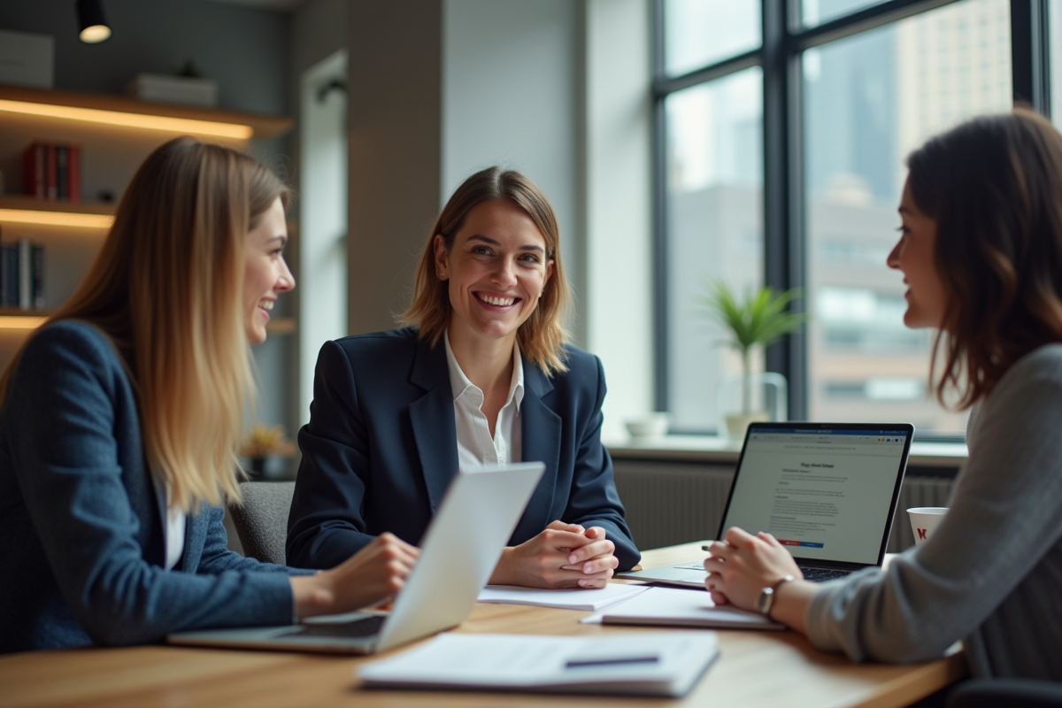 Jeune femme en réunion avec collègues dans espace de coworking