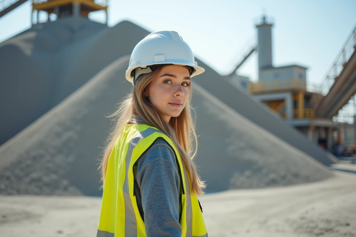 Jeune femme ingénieur avec casque et gilet jaune devant une pile de ciment
