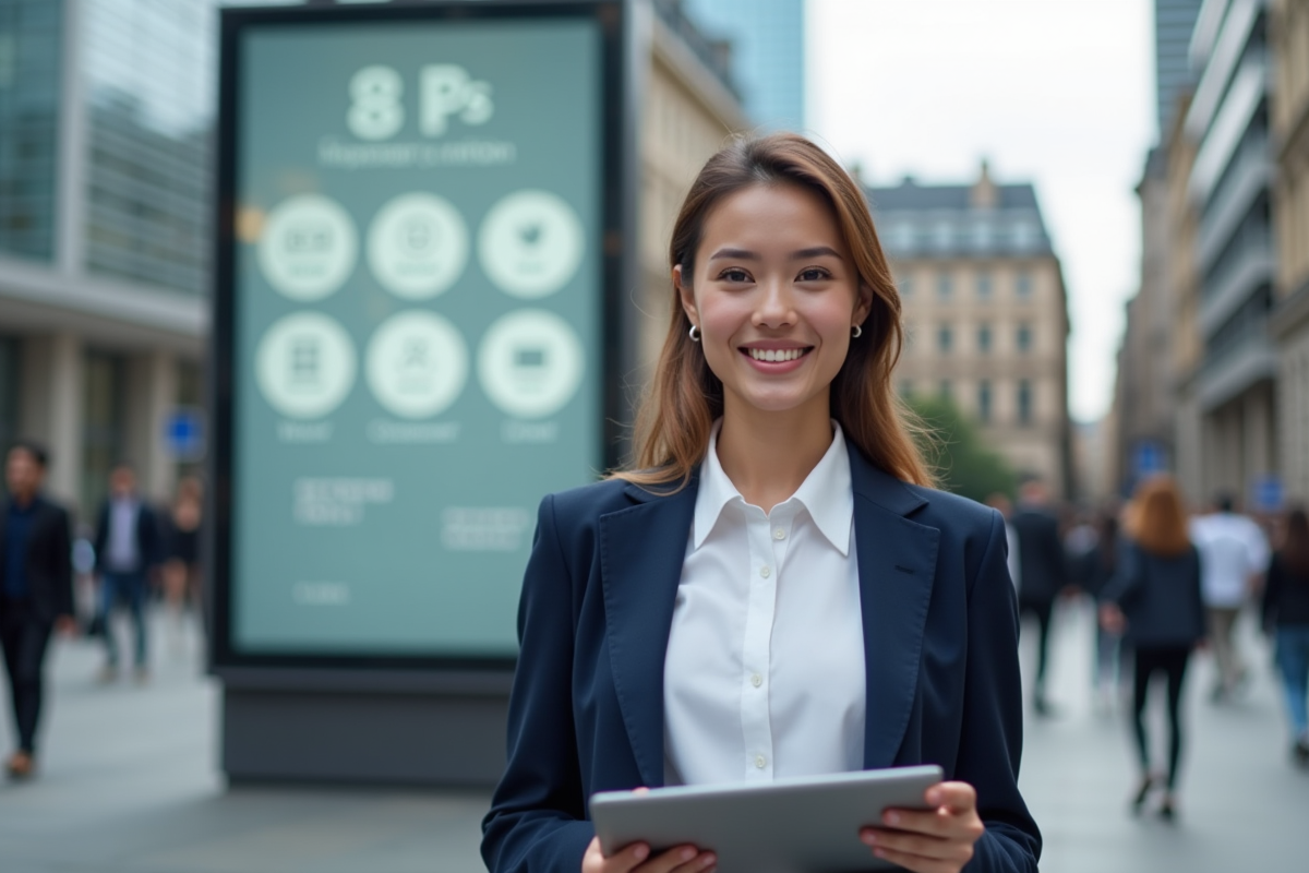 Jeune femme professionnelle avec tablette devant une affiche marketing urbaine