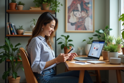 Jeune femme souriante utilisant son smartphone dans un appartement cosy