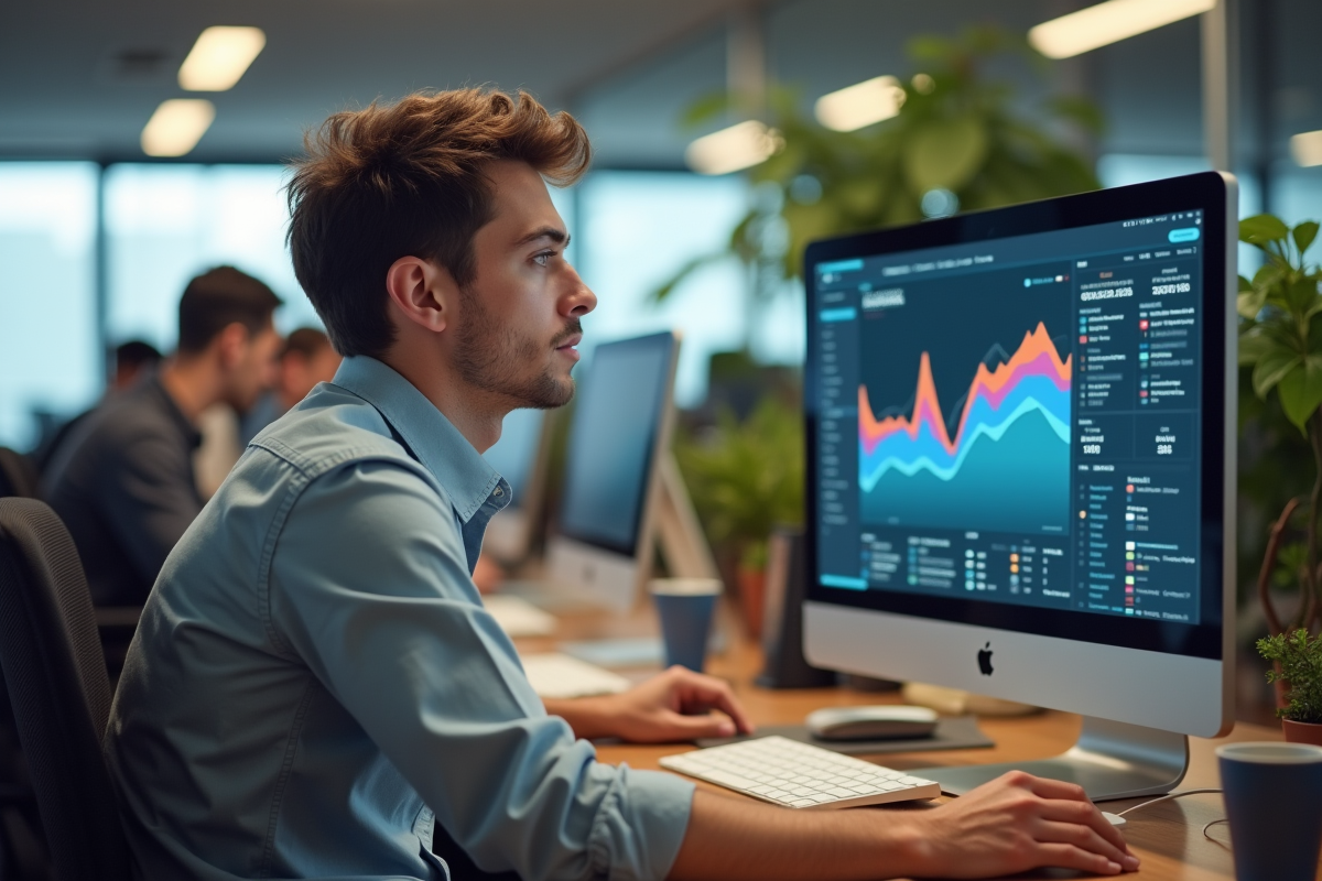 Jeune homme vérifiant des analyses sur son ordinateur au bureau