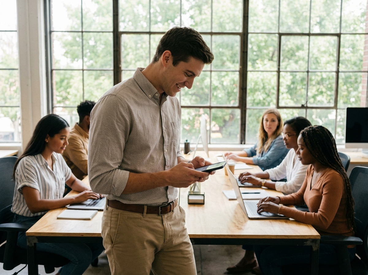 Jeune homme dans un espace de coworking avec smartphone