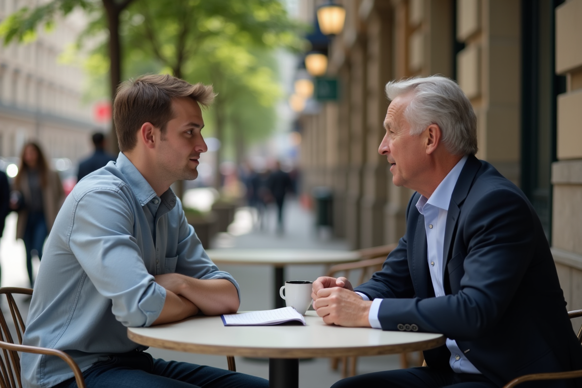 Jeune homme en discussion avec un conseiller dans un café