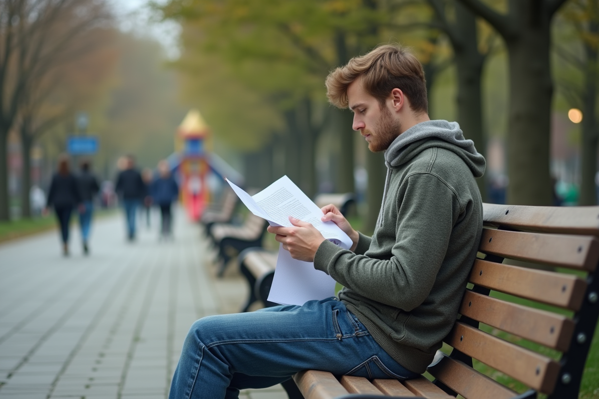 Jeune homme lisant des documents sur un banc dans un parc