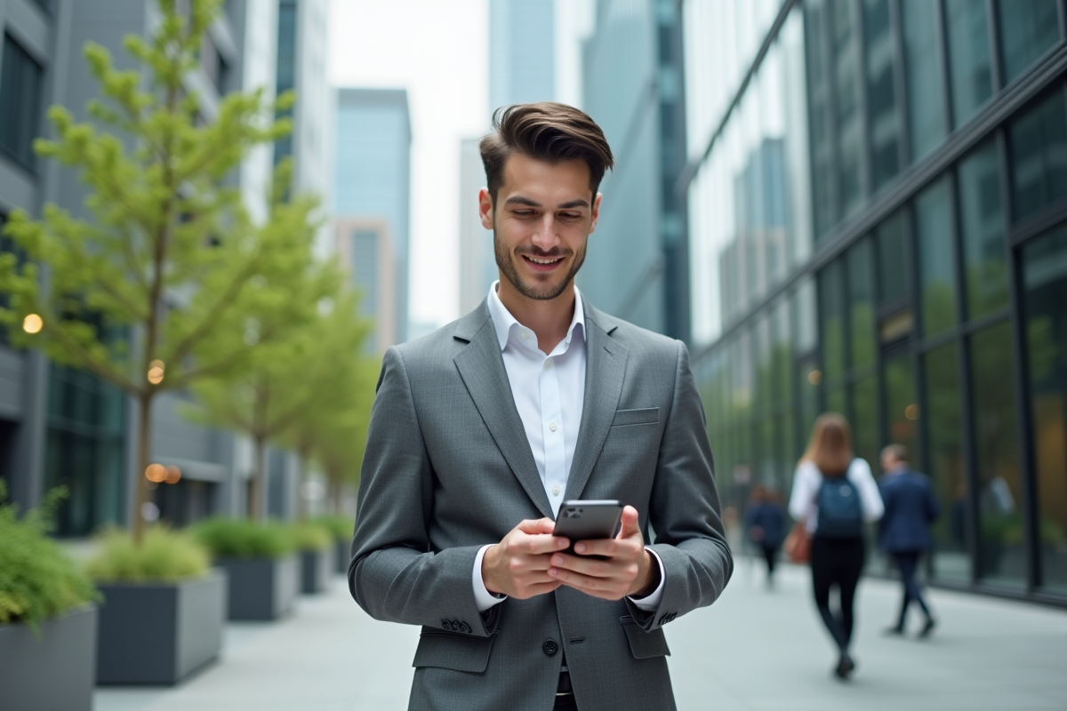 Jeune homme d affaires utilisant son smartphone en extérieur
