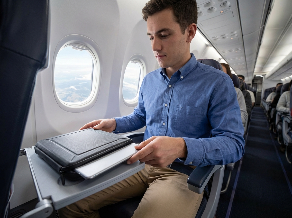Jeune homme rangeant sa tablette dans un avion