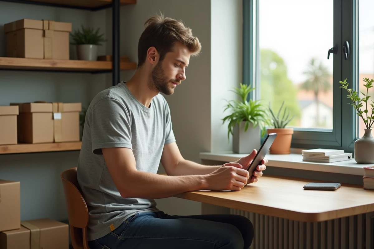 Jeune homme suivant ses colis sur une tablette dans son bureau