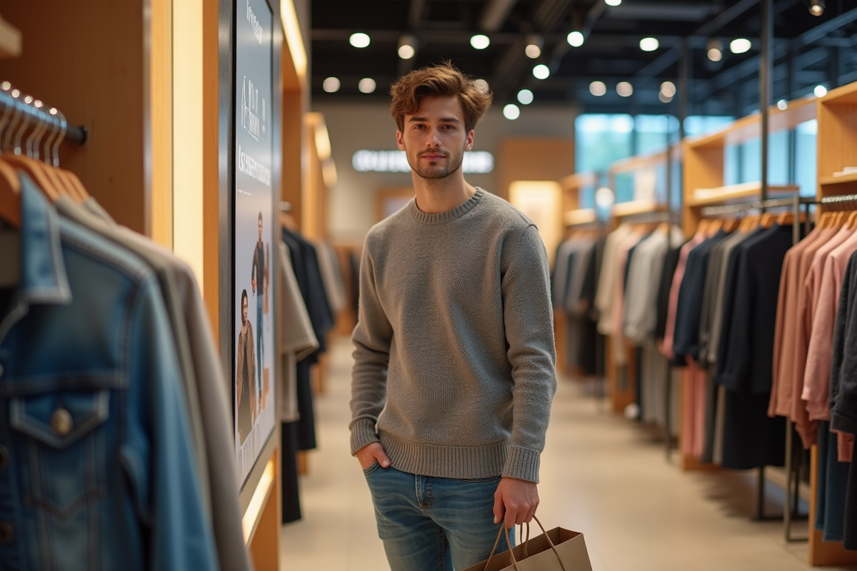 Jeune homme avec sac de shopping devant une vitrine de magasin