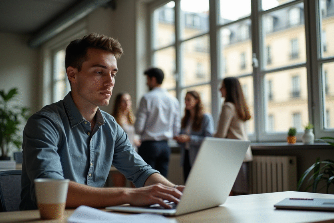 Jeune professionnel travaillant sur un ordinateur dans un bureau parisien lumineux