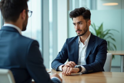 Jeune homme en costume regardant sa montre lors d'un entretien