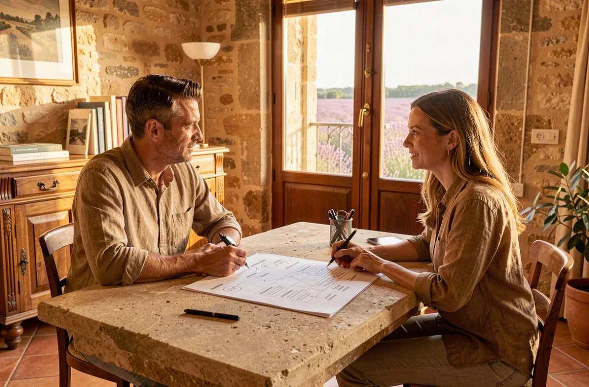 Consultants de l'agence Jones and Co en Provence discutant d'un plan de communication avec un client dans un bureau au style provençal
