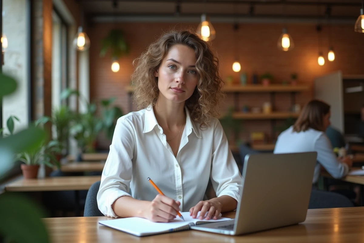 Jeune juriste en co-working prenant des notes sur les délais légaux de sept jours ouvrables avec un cahier et un ordinateur portable