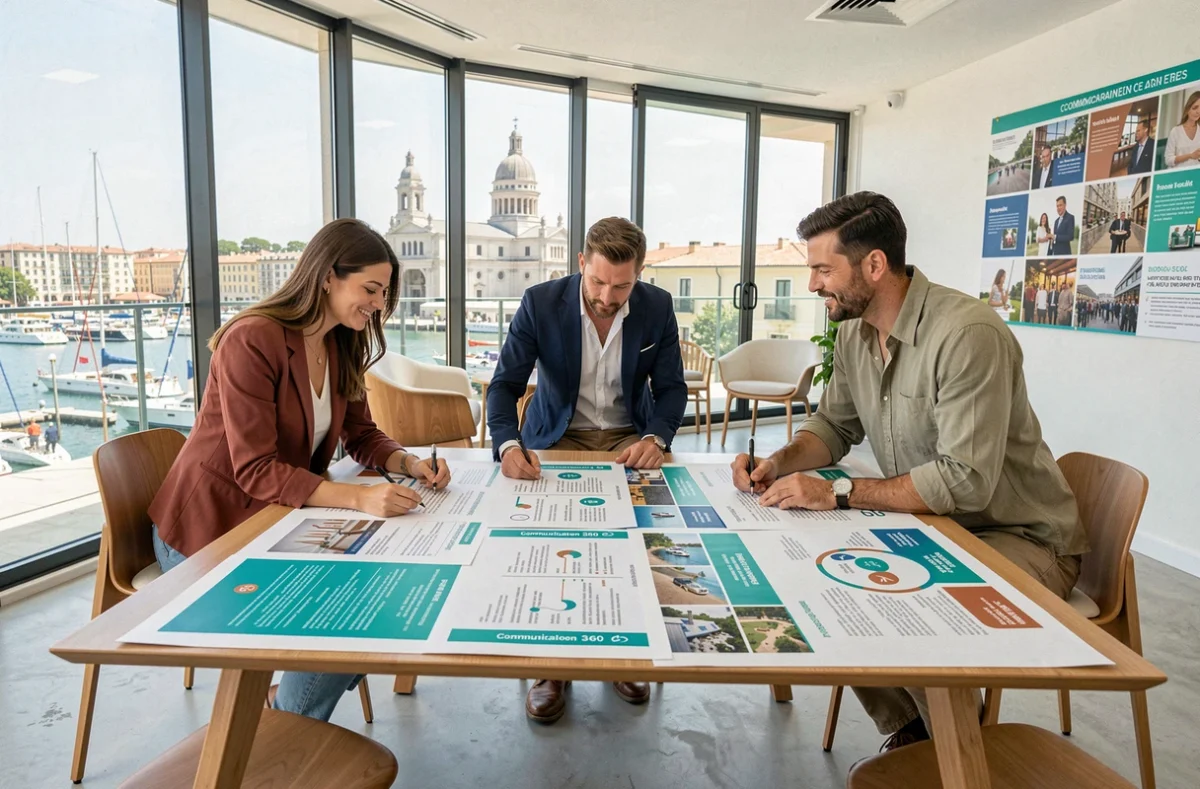 Équipe de l'agence LA TRIGONALE à Marseille révisant un plan de communication global 360° avec vue sur le port de Marseille