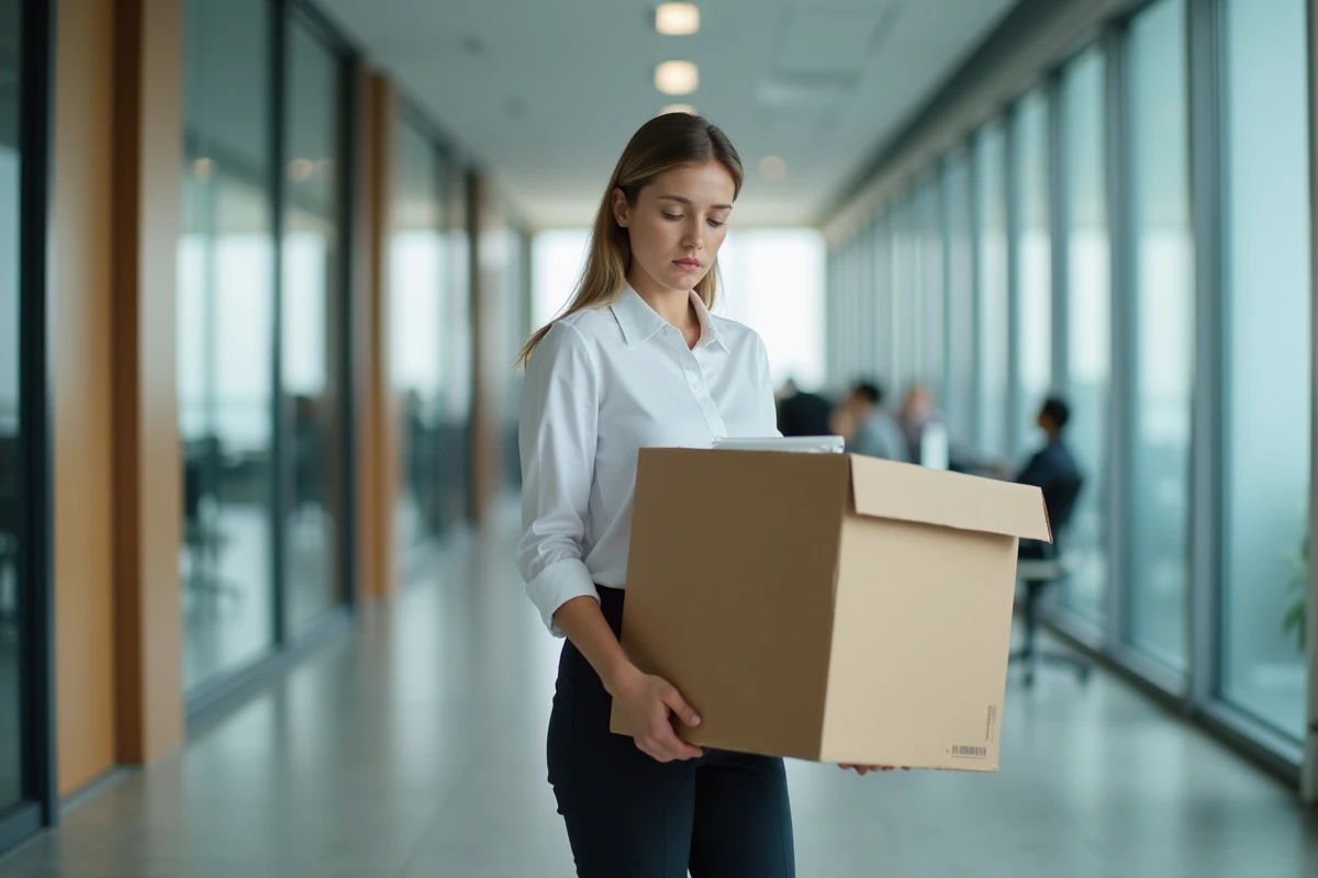 Femme quittant son lieu de travail avec ses affaires personnelles après un licenciement disciplinaire