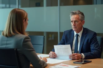Responsable RH remettant une lettre de licenciement disciplinaire à une employée dans un bureau d'entreprise