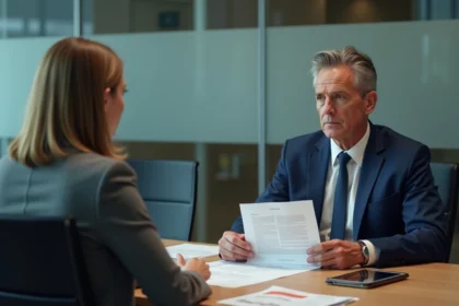 Responsable RH remettant une lettre de licenciement disciplinaire à une employée dans un bureau d'entreprise