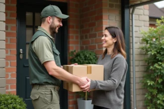 Livreur remettant un colis à une cliente satisfaite devant sa porte d'entrée, illustrant la satisfaction client lors d'une livraison à domicile