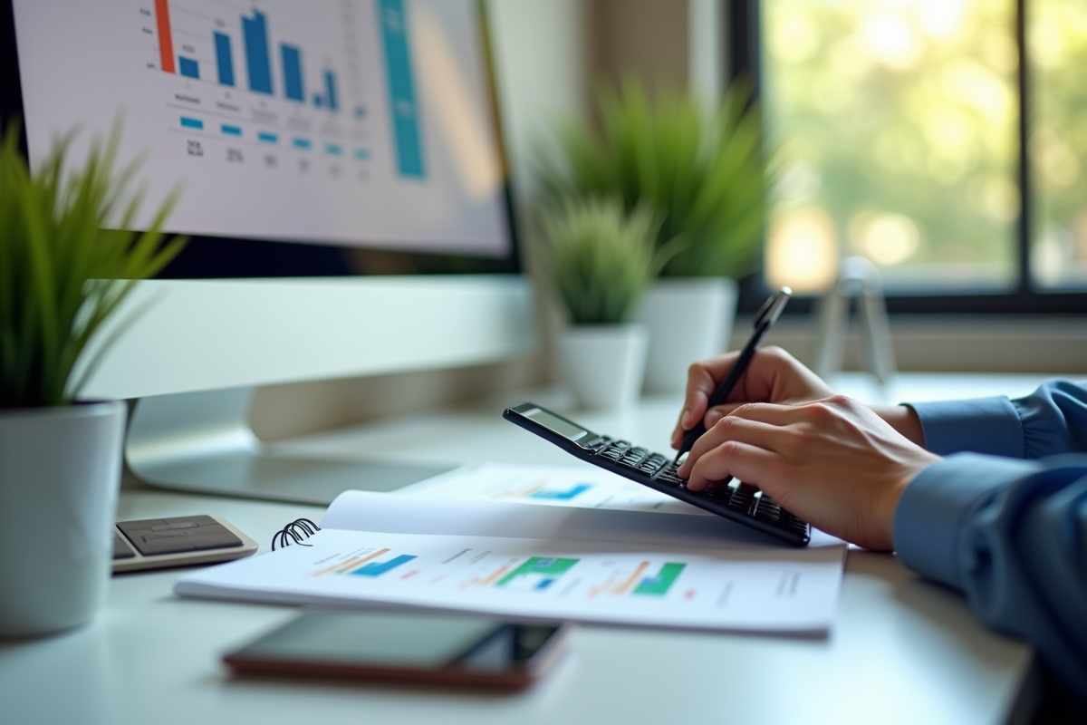 Main tenant une calculatrice et prenant des notes dans un bureau lumineux