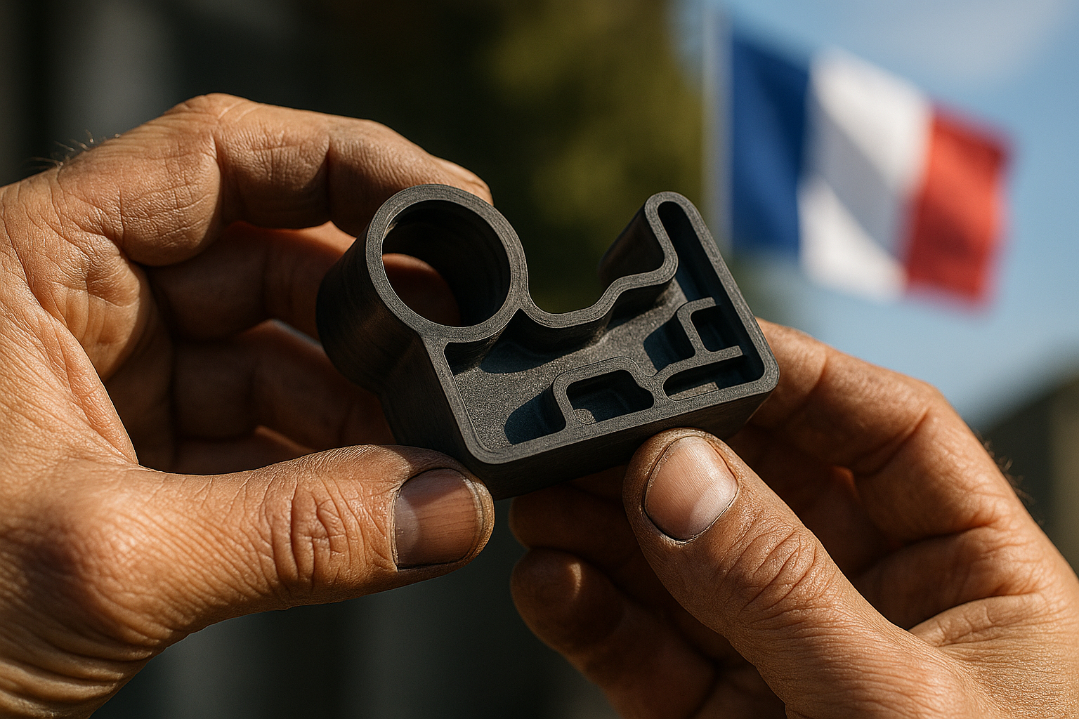 Mains tenant un joint en caoutchouc avec un drapeau français en arrière-plan