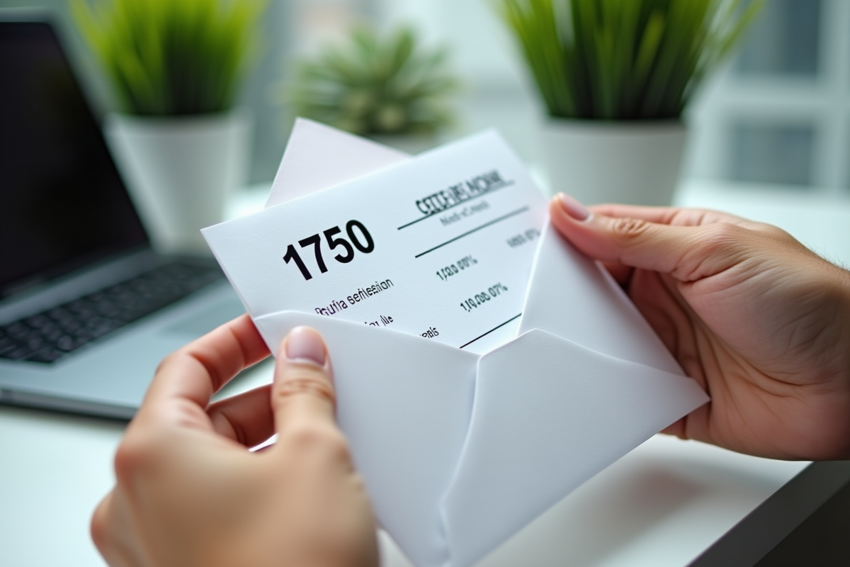 Mains tenant une enveloppe de salaire avec fiche de paie 1750 euros