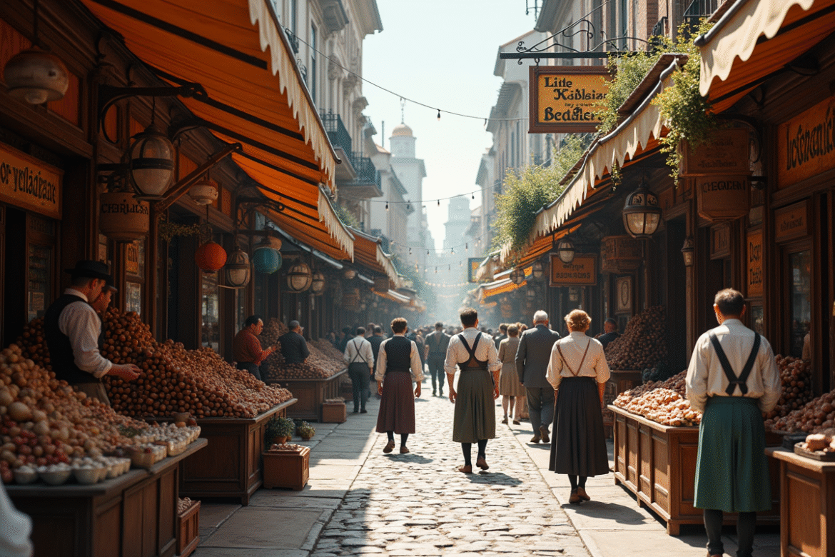 Marché ancien du 1800 avec enseignes peintes à la main