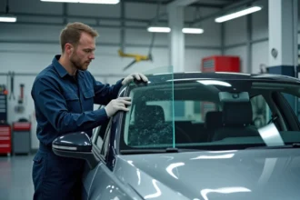 Technicien automobile appliquant un marquage numérique sur le pare-brise d'un véhicule dans un garage professionnel