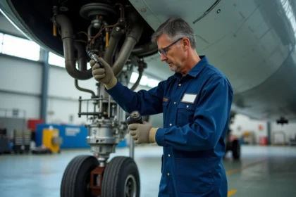 Mecanicien expérimenté inspectant le train d'atterrissage Airbus A330
