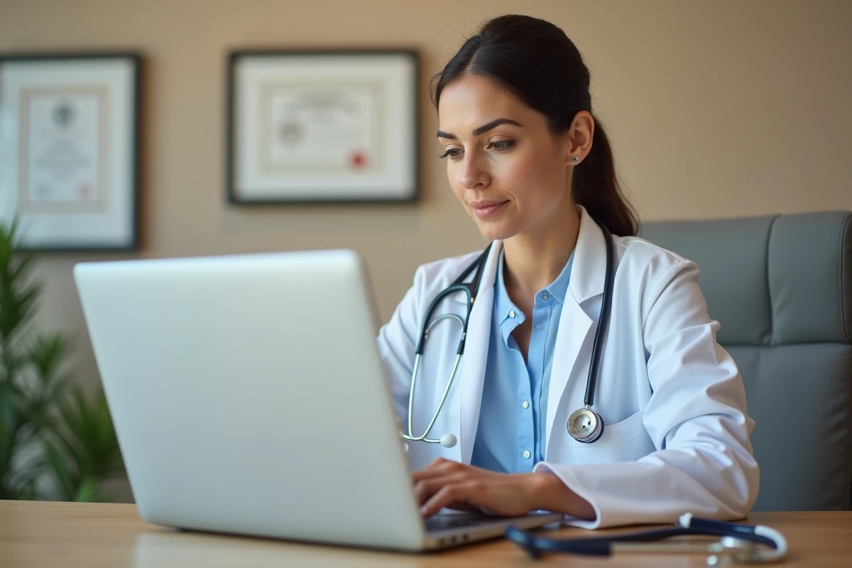 Médecin généraliste utilisant un logiciel de prise de rendez-vous en ligne sur son ordinateur portable dans son cabinet médical