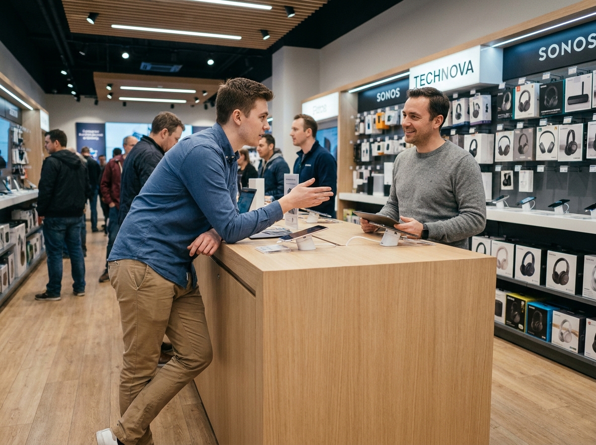 Jeune homme en poste de chargé de clientèle dans un magasin d'électronique après un BTS NDRC
