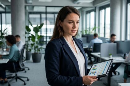 Jeune commerciale en blazer marine consultant une tablette dans un bureau moderne après son BTS NDRC