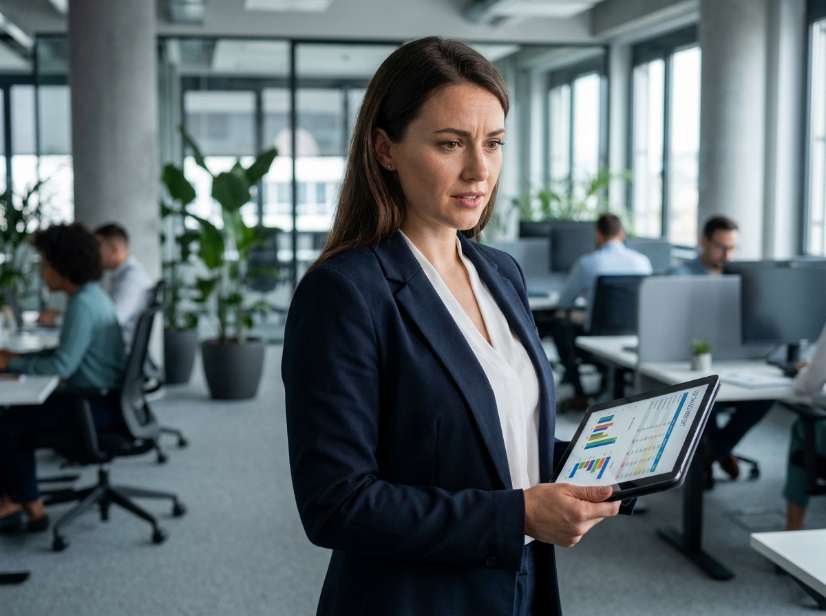 Jeune commerciale en blazer marine consultant une tablette dans un bureau moderne après son BTS NDRC