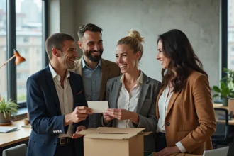 Collègues de travail partageant un moment d'adieu chaleureux dans un bureau moderne, une femme tenant une carte de départ manuscrite entourée de ses collègues souriants