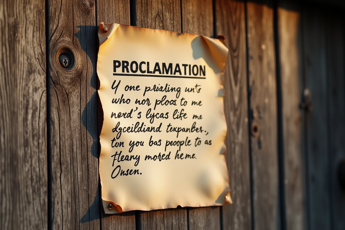 Proclamation écrite à la main sur un mur en bois ancien