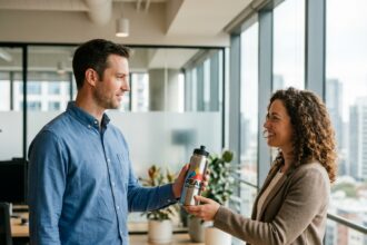 Un professionnel offre une gourde sportive aux couleurs d'une marque corporate à une collègue dans un bureau moderne, illustrant le marketing par l'objet publicitaire sportif