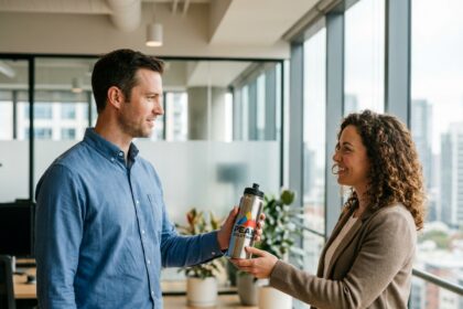 Un professionnel offre une gourde sportive aux couleurs d'une marque corporate à une collègue dans un bureau moderne, illustrant le marketing par l'objet publicitaire sportif