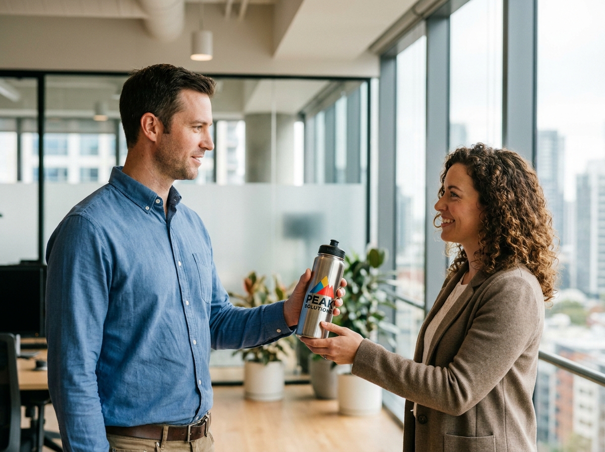 Un professionnel offre une gourde sportive aux couleurs d'une marque corporate à une collègue dans un bureau moderne, illustrant le marketing par l'objet publicitaire sportif