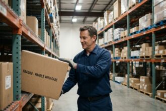 Ouvrier d'entrepôt récupérant un carton sur un rayonnage métallique bien organisé dans un entrepôt industriel