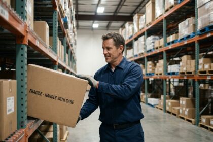 Ouvrier d'entrepôt récupérant un carton sur un rayonnage métallique bien organisé dans un entrepôt industriel