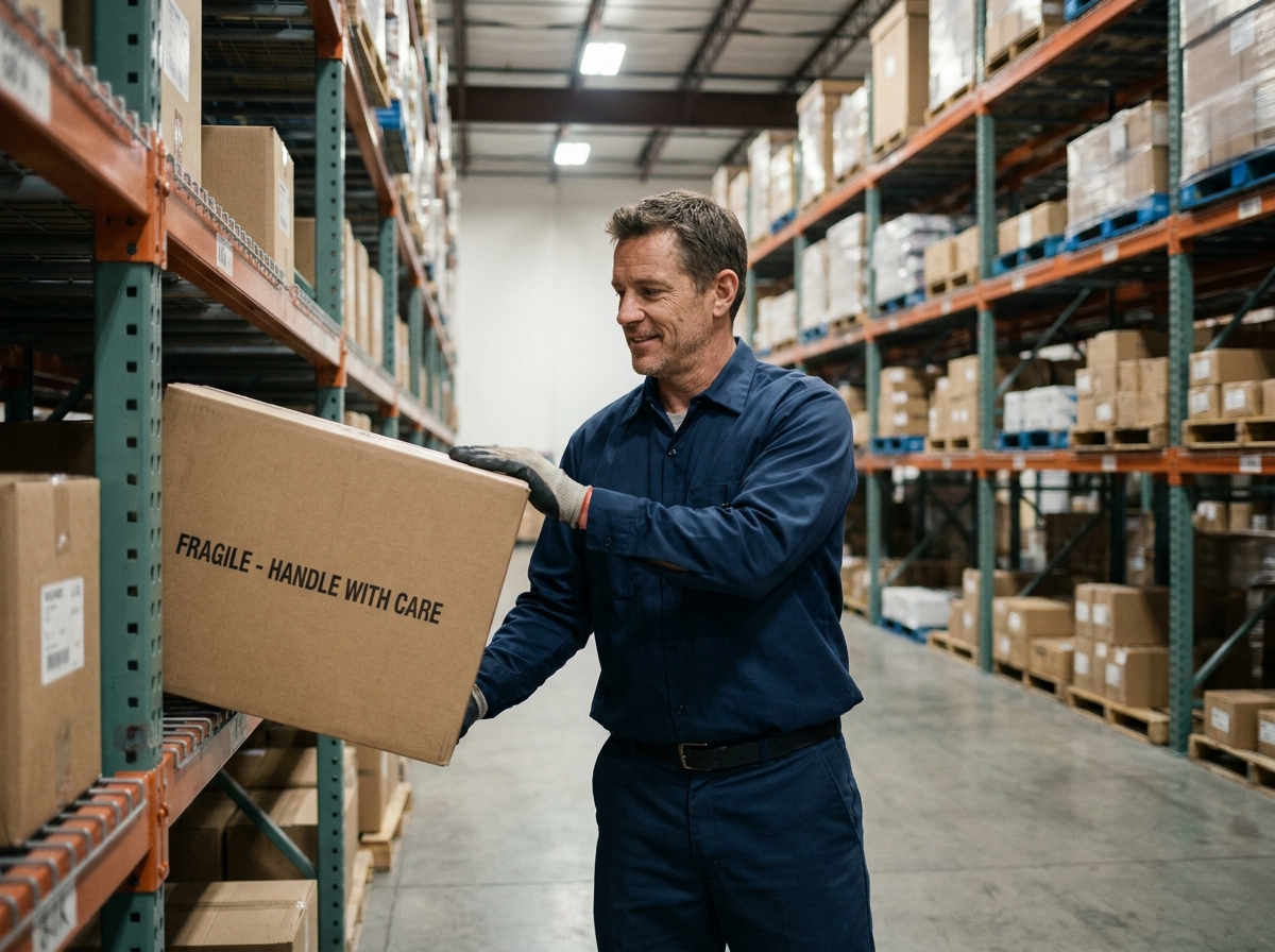 Ouvrier d'entrepôt récupérant un carton sur un rayonnage métallique bien organisé dans un entrepôt industriel